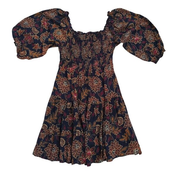Angie Womens Floral Puff Sleeve Smocked Dress S Navy/Multicolor Rayon, NWT. - Picture 2 of 7